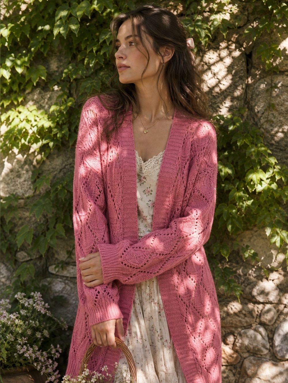 GOODNIGHT MACAROON Cottagecore Dusty Rose Open Crochet Longline Cardi, S